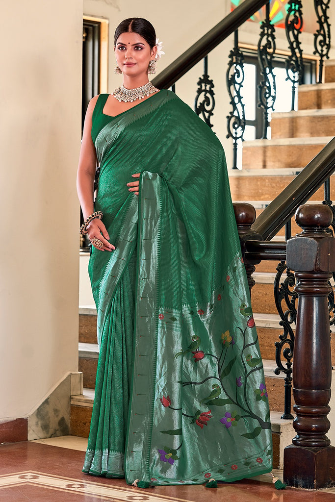 Exquisite Green Viscose Paithani Meenakari Saree ClothsVilla