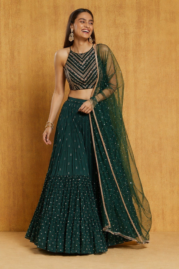 Green Zari & Sequin Embroidered Lehenga ClothsVilla