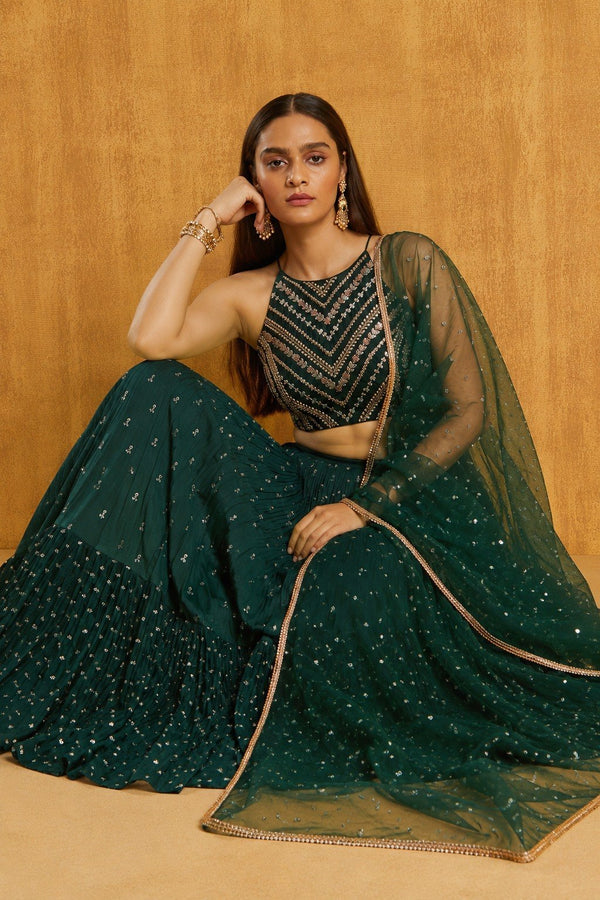 Green Zari & Sequin Embroidered Lehenga ClothsVilla