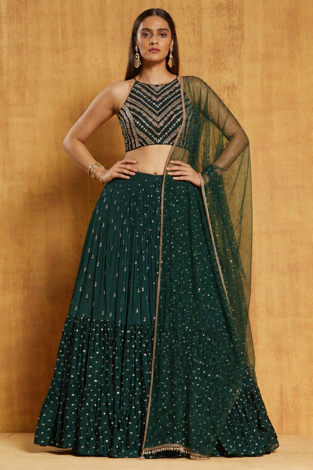 Green Zari & Sequin Embroidered Lehenga ClothsVilla