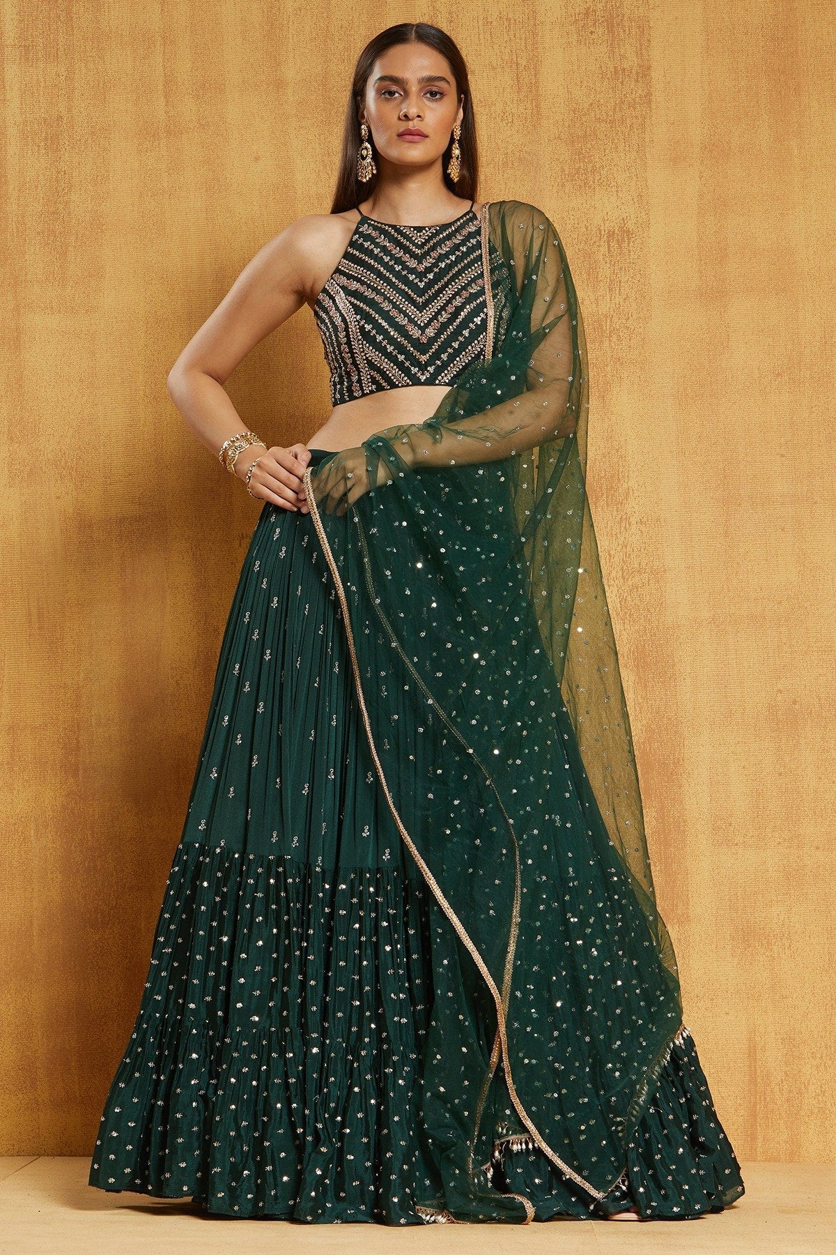 Green Zari & Sequin Embroidered Lehenga ClothsVilla