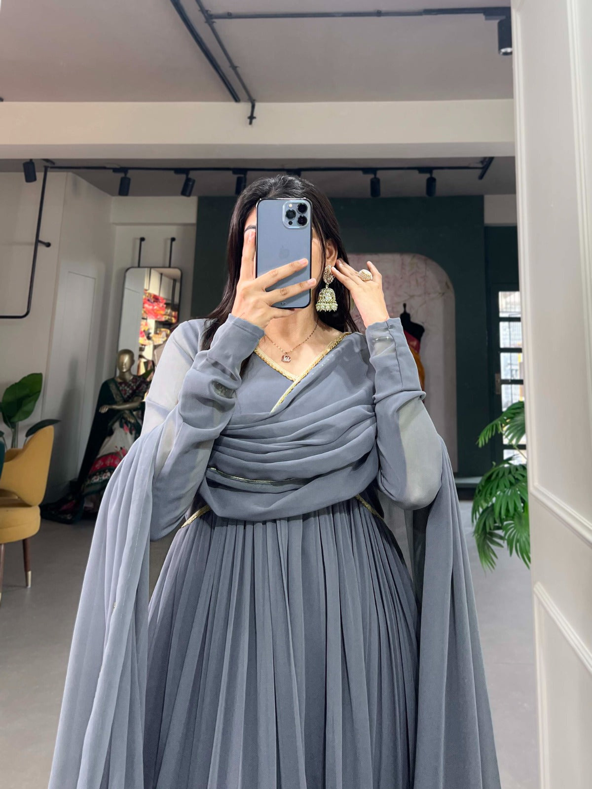 Grey Alia Style Georgette Gown with Sequins Embroidery Lace ClothsVilla