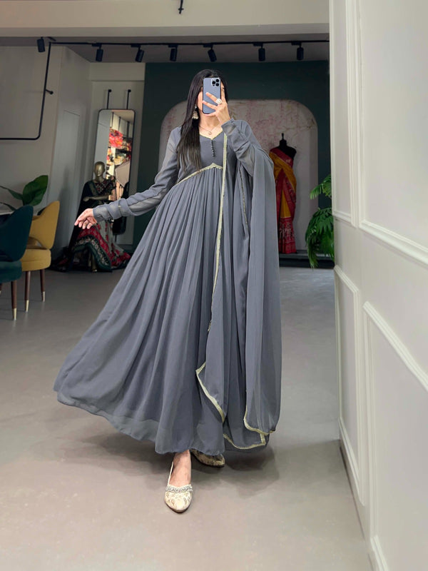 Grey Alia Style Georgette Gown with Sequins Embroidery Lace ClothsVilla