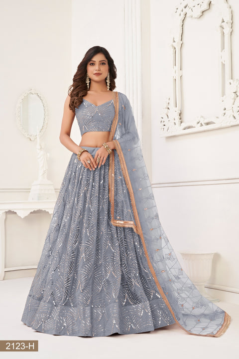 Grey Butterfly Net Lehenga with Tone-to-Tone Thread Work and Mirror Embroidery ClothsVilla Main image