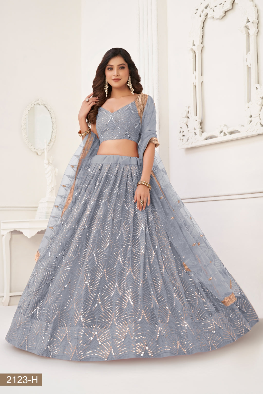 Grey Butterfly Net Lehenga with Tone-to-Tone Thread Work and Mirror Embroidery ClothsVilla