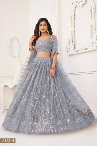 Grey Butterfly Net Lehenga with Tone-to-Tone Thread Work and Mirror Embroidery ClothsVilla