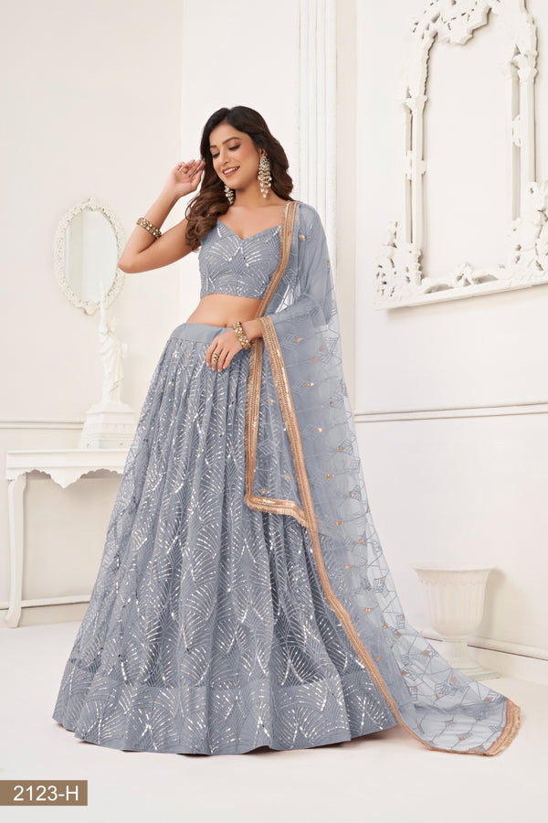 Grey Butterfly Net Lehenga with Tone-to-Tone Thread Work and Mirror Embroidery ClothsVilla