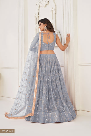 Grey Butterfly Net Lehenga with Tone-to-Tone Thread Work and Mirror Embroidery ClothsVilla