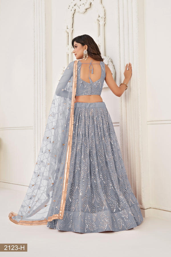 Grey Butterfly Net Lehenga with Tone-to-Tone Thread Work and Mirror Embroidery ClothsVilla