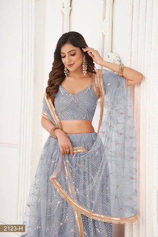 Grey Butterfly Net Lehenga with Tone-to-Tone Thread Work and Mirror Embroidery ClothsVilla