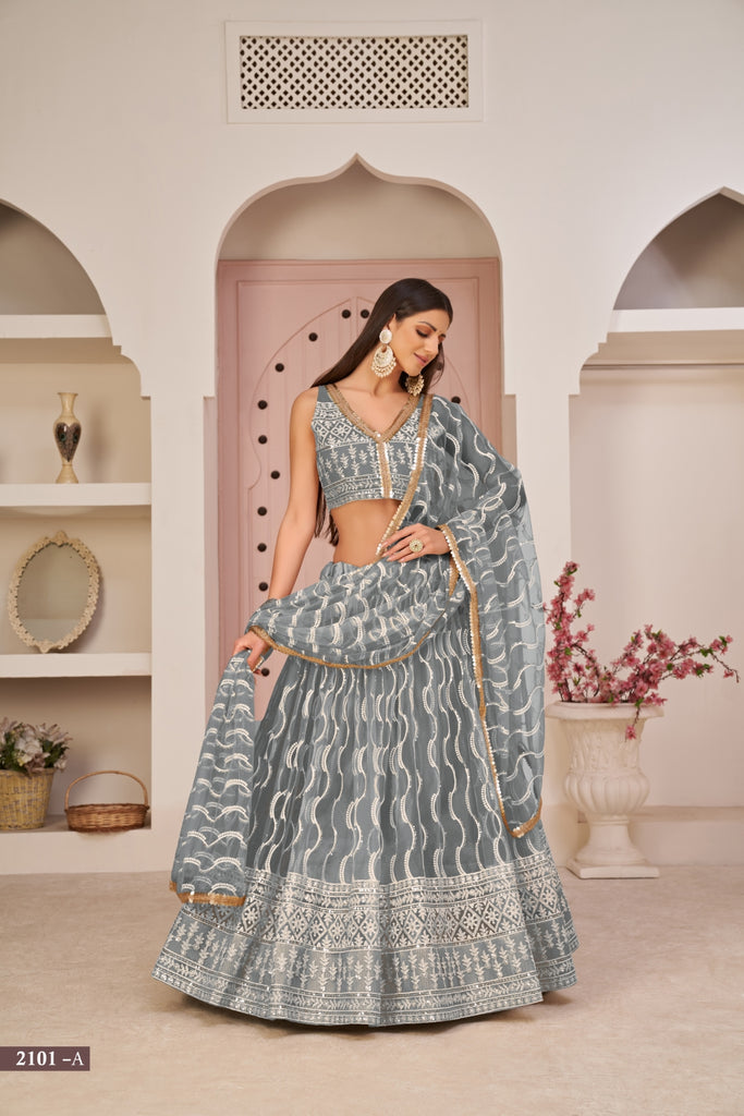 Grey Butterfly Net Lehenga with White Cotton Thread, Zari, and Sandwich Sequence Embroidery ClothsVilla