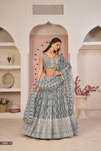 Load image into Gallery viewer, Grey Butterfly Net Lehenga with White Cotton Thread, Zari, and Sandwich Sequence Embroidery ClothsVilla