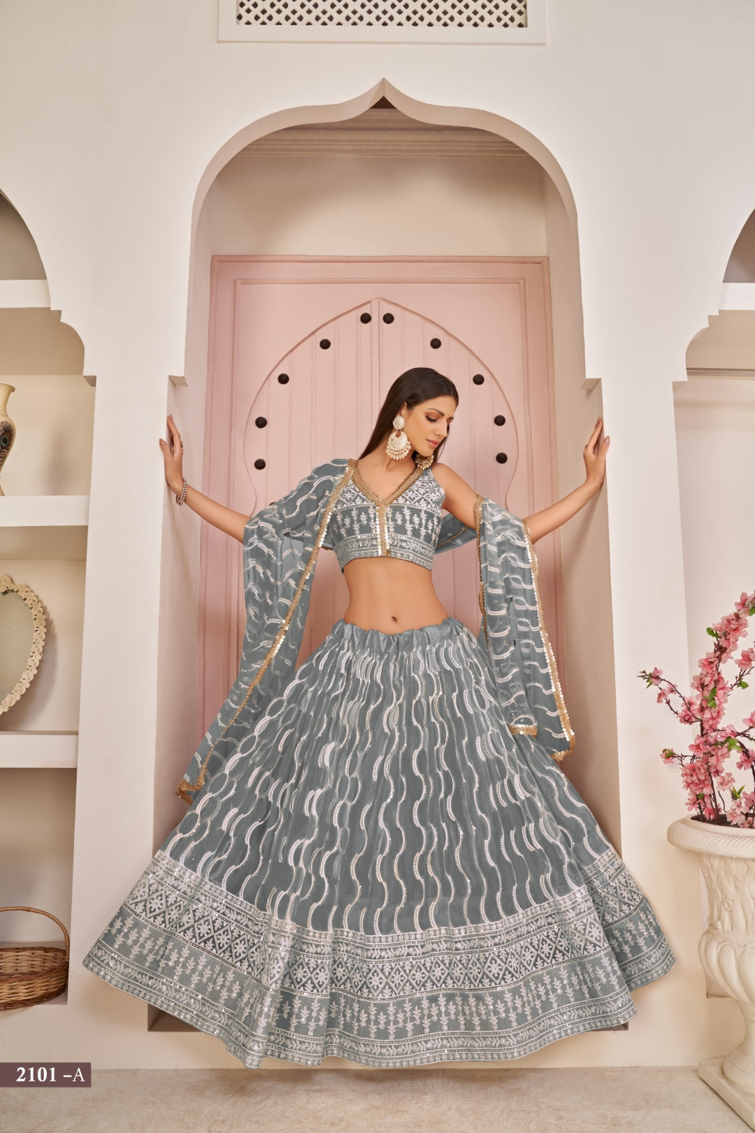 Grey Butterfly Net Lehenga with White Cotton Thread, Zari, and Sandwich Sequence Embroidery ClothsVilla Main image