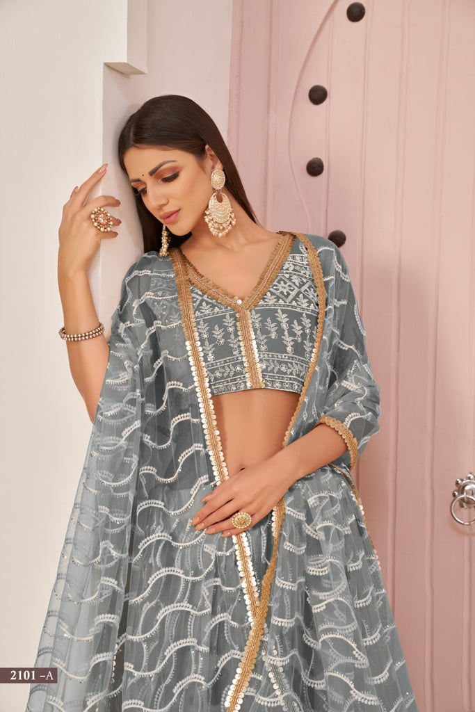 Grey Butterfly Net Lehenga with White Cotton Thread, Zari, and Sandwich Sequence Embroidery ClothsVilla