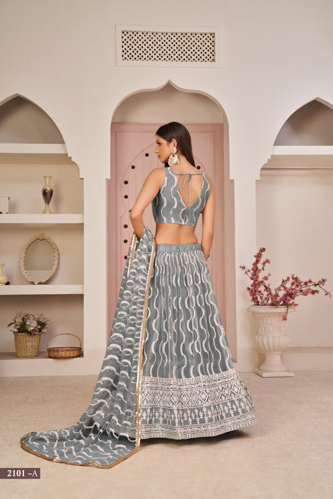 Grey Butterfly Net Lehenga with White Cotton Thread, Zari, and Sandwich Sequence Embroidery ClothsVilla