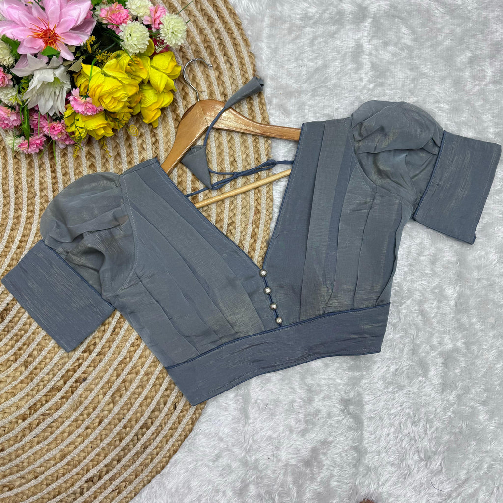 Grey Color Metallic Jari Blouse with Ruffled Pattern and Balloon Sleeves ClothsVilla