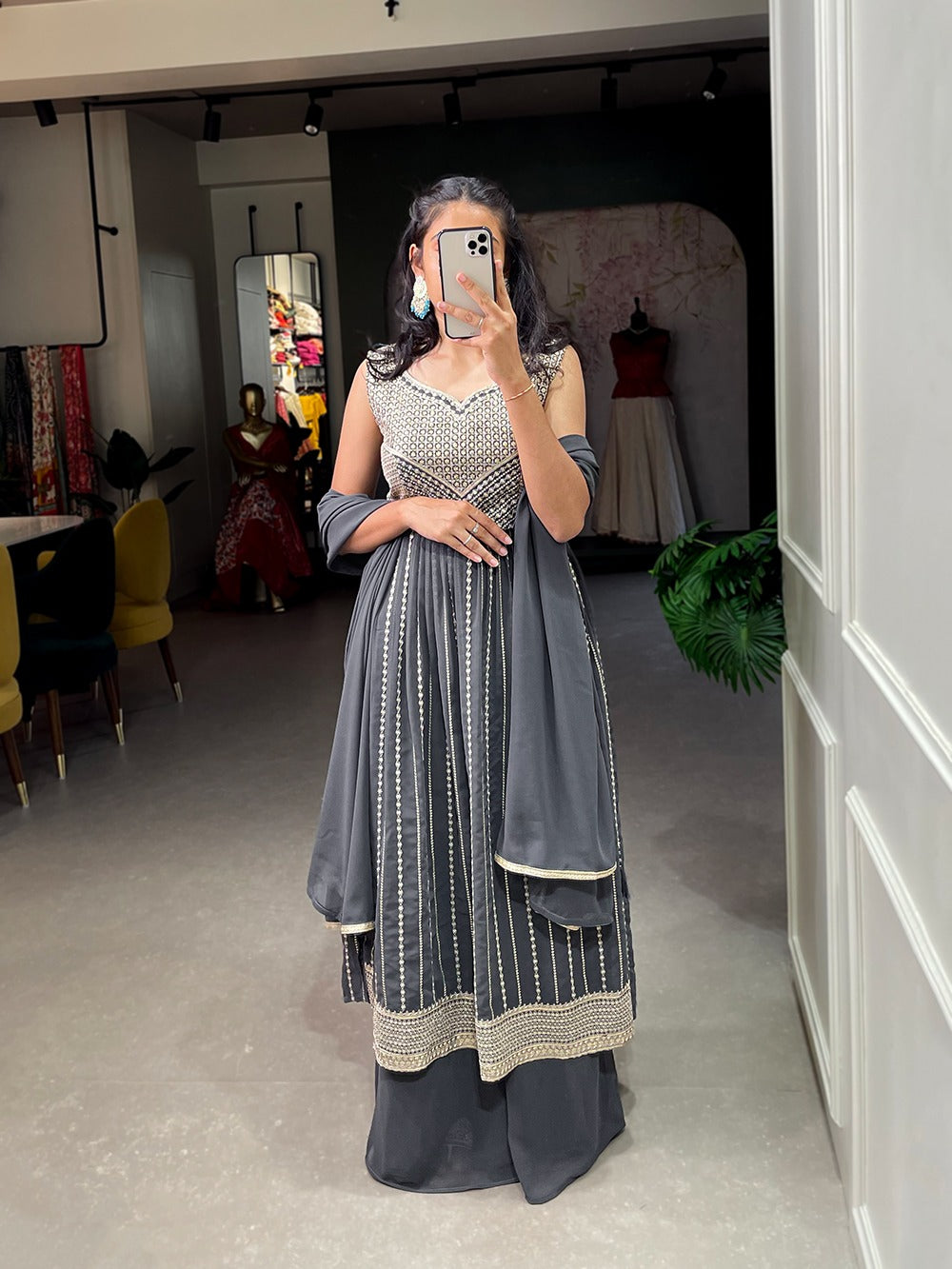 Grey Color Naira Style Embroidered Georgette Kurti Palazzo Set ClothsVilla