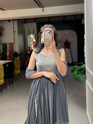Grey Color Naira Style Embroidered Georgette Kurti Palazzo Set ClothsVilla