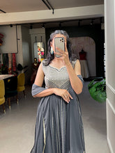 Load image into Gallery viewer, Grey Color Naira Style Embroidered Georgette Kurti Palazzo Set ClothsVilla