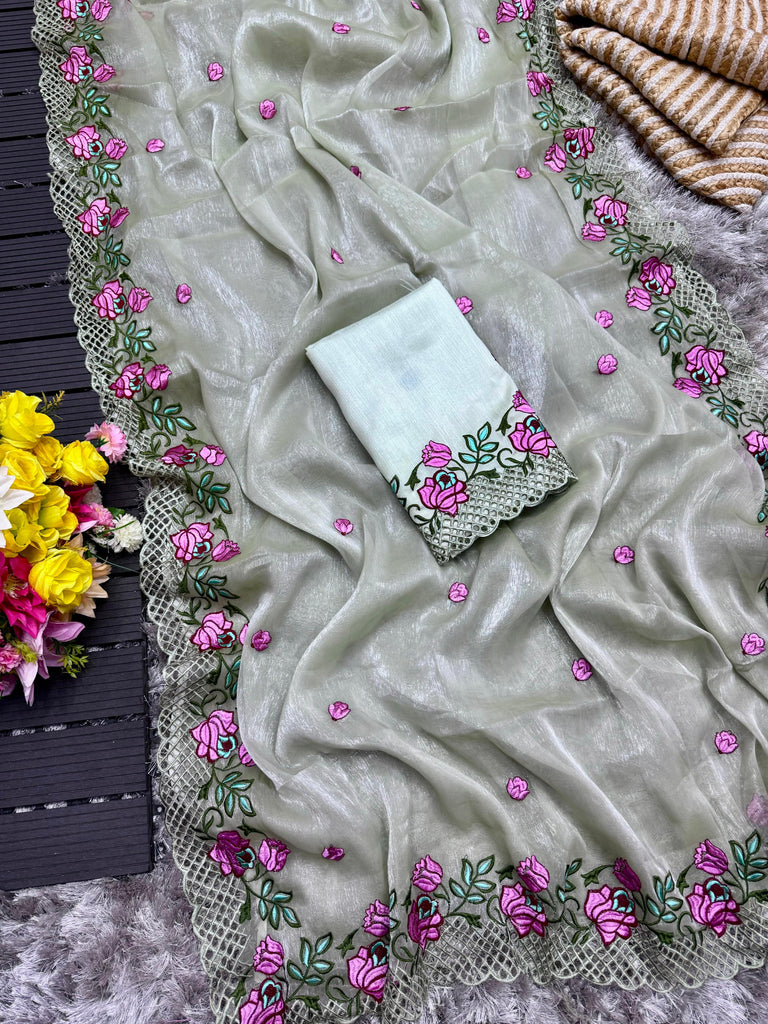 Grey Crush Silk Saree with Intricate Floral Embroidery & Matching Blouse ClothsVilla