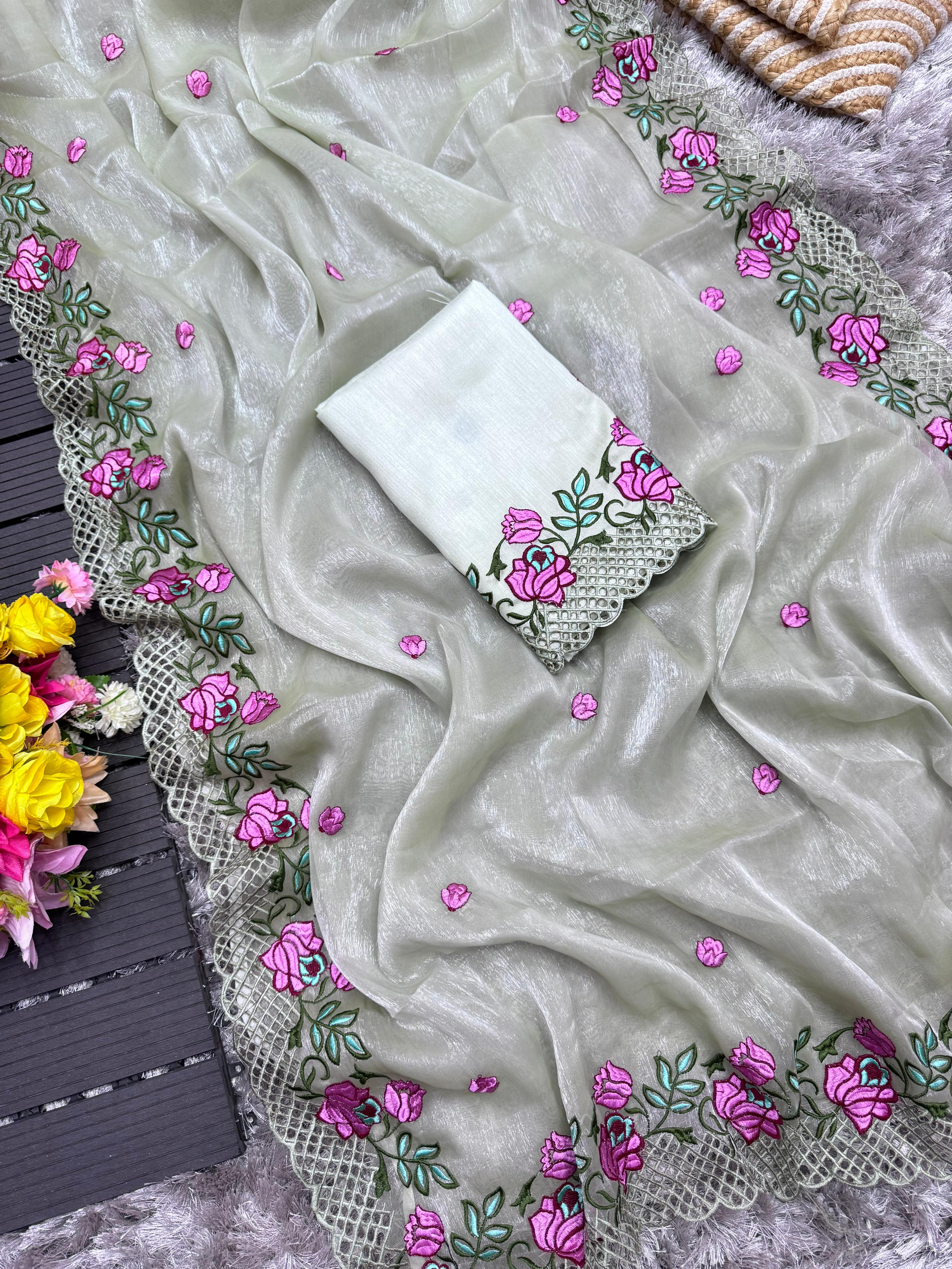 Grey Crush Silk Saree with Intricate Floral Embroidery & Matching Blouse ClothsVilla Main image