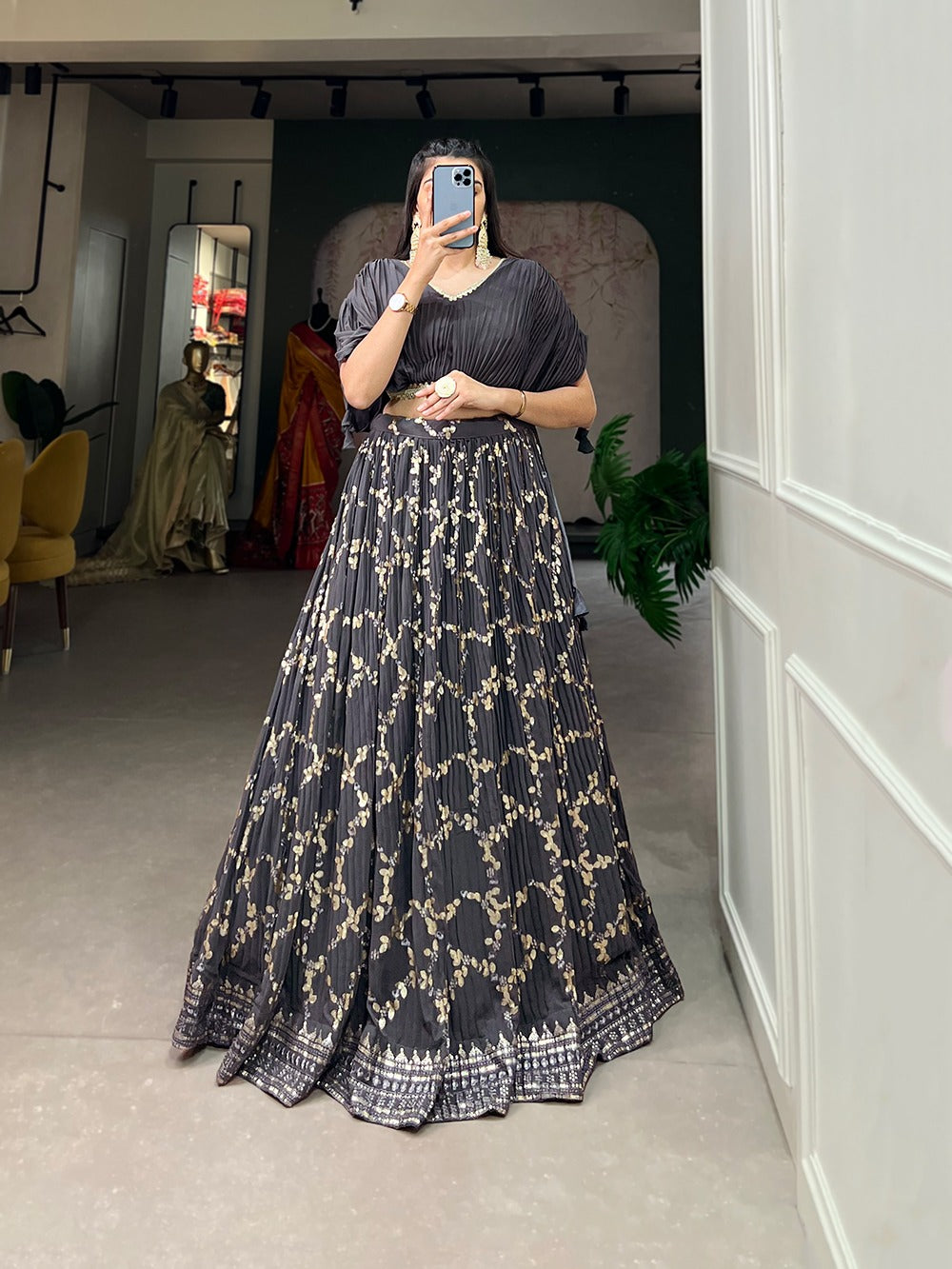 Grey Crushed Georgette Lehenga Choli Set with Sequin Embroidery ClothsVilla
