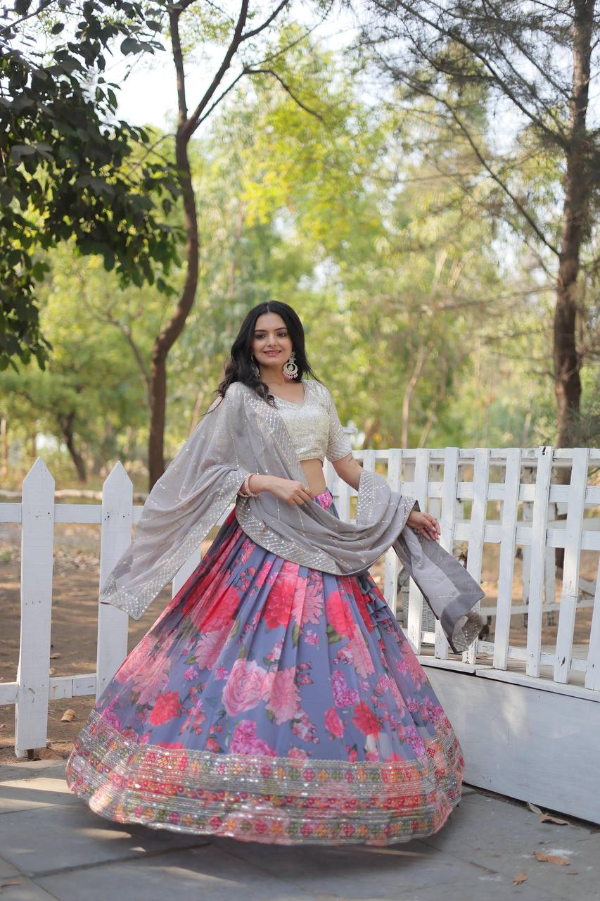 Grey Digital Printed Georgette Lehenga Choli with Sequins Embroidery ClothsVilla