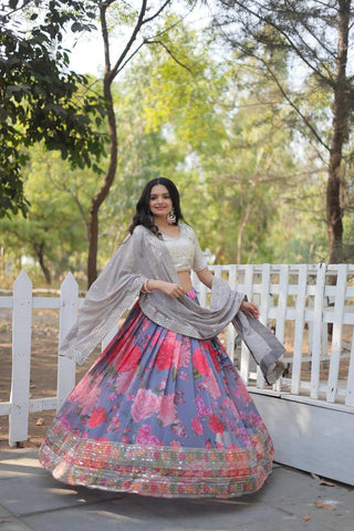 Grey Digital Printed Georgette Lehenga Choli with Sequins Embroidery ClothsVilla
