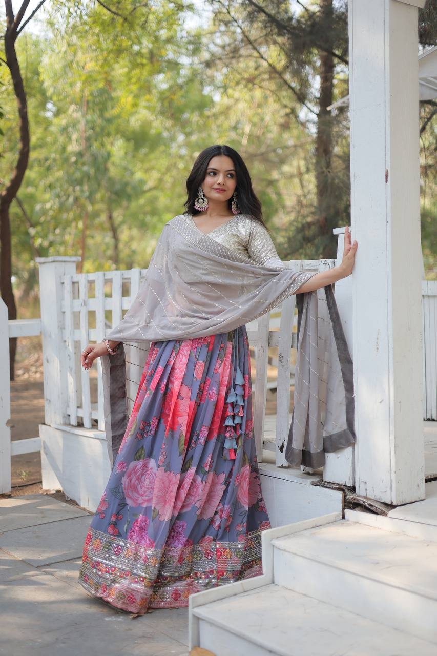 Grey Digital Printed Georgette Lehenga Choli with Sequins Embroidery ClothsVilla Main image