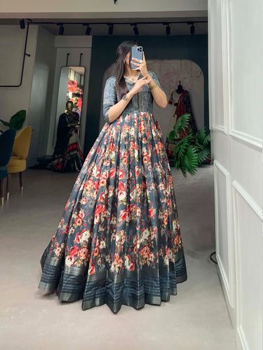 Mesmerizing Grey Dola Silk Printed Gown with Sequins & Zari Border - Ready to Wear ClothsVilla