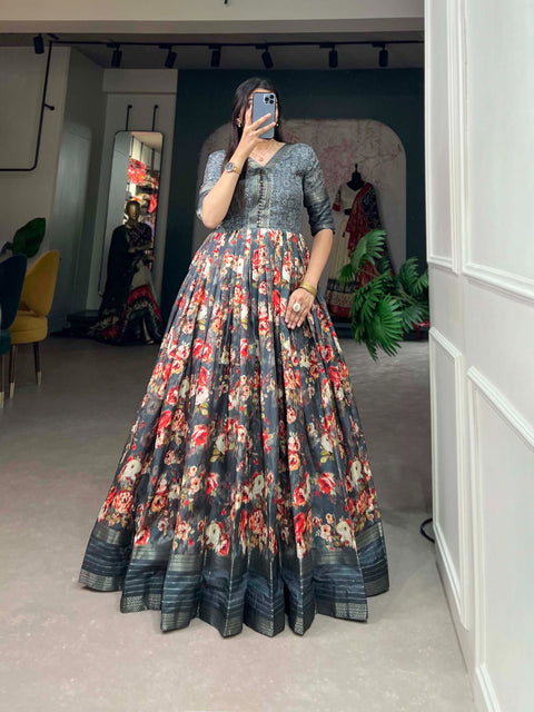 Mesmerizing Grey Dola Silk Printed Gown with Sequins & Zari Border - Ready to Wear ClothsVilla Main image