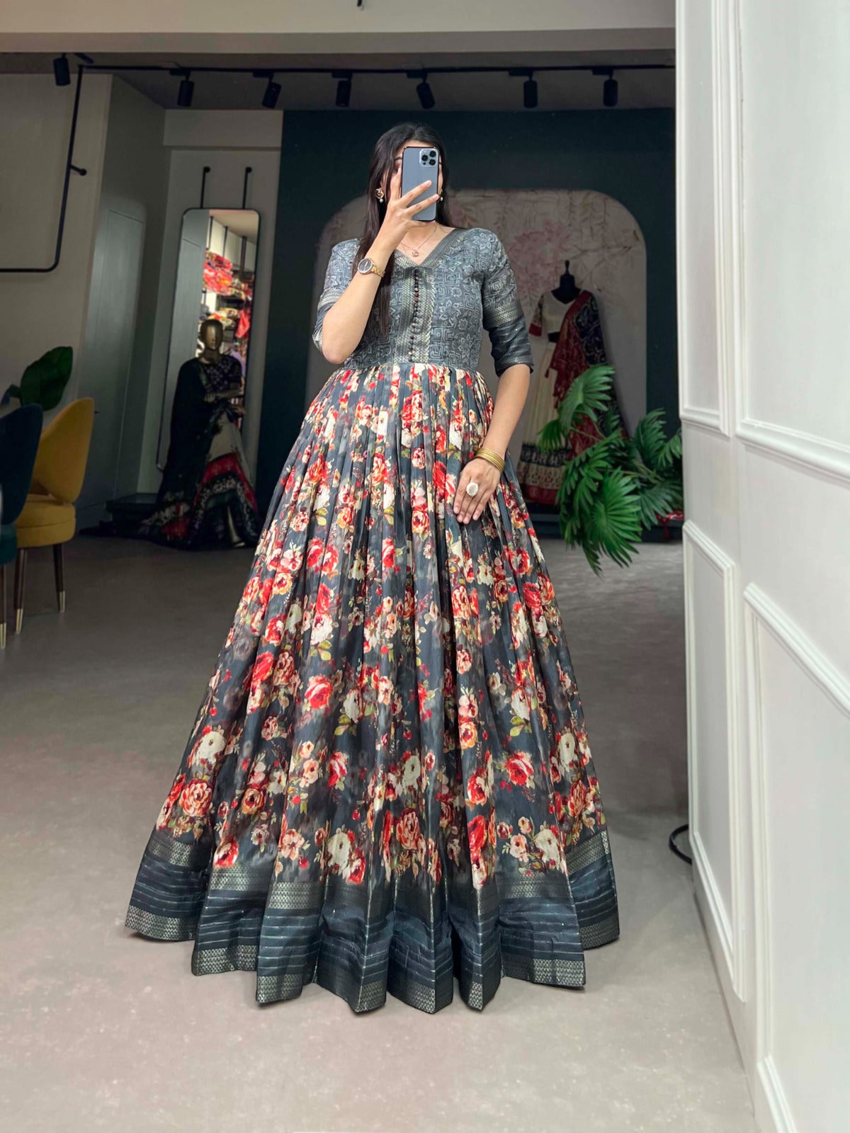 Mesmerizing Grey Dola Silk Printed Gown with Sequins & Zari Border - Ready to Wear ClothsVilla