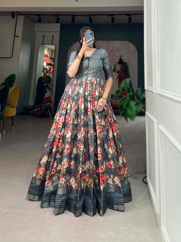 Mesmerizing Grey Dola Silk Printed Gown with Sequins & Zari Border - Ready to Wear ClothsVilla