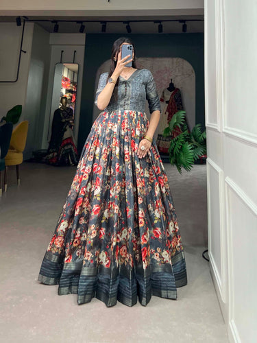 Mesmerizing Grey Dola Silk Printed Gown with Sequins & Zari Border - Ready to Wear ClothsVilla