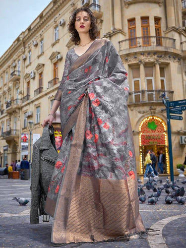 Grey Elegant Brasso Madurai Saree with Unstitched Blouse Piece Clothsvilla