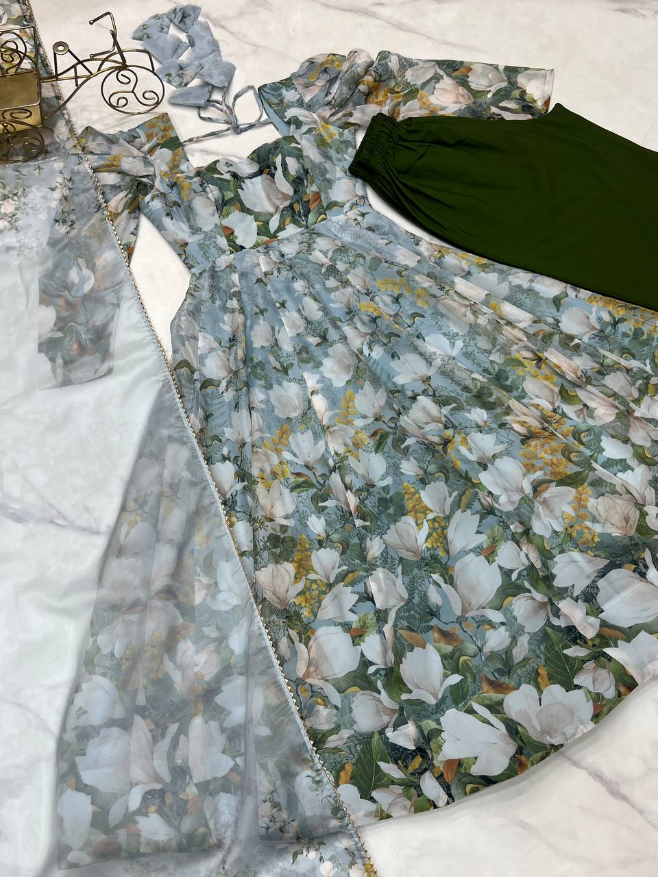 Grey Elegant Floral Organza Silk Anarkali Set with Gota Patti Dupatta ClothsVilla