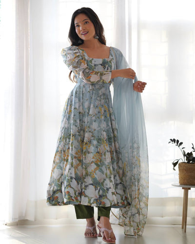 Grey Elegant Floral Organza Silk Anarkali Set with Gota Patti Dupatta ClothsVilla