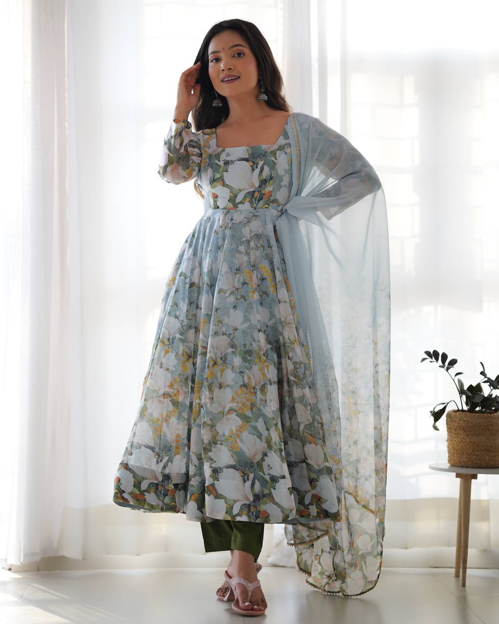 Grey Elegant Floral Organza Silk Anarkali Set with Gota Patti Dupatta ClothsVilla