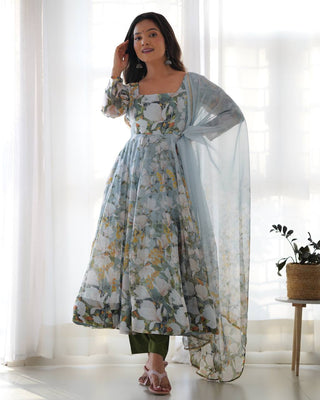 Grey Elegant Floral Organza Silk Anarkali Set with Gota Patti Dupatta ClothsVilla