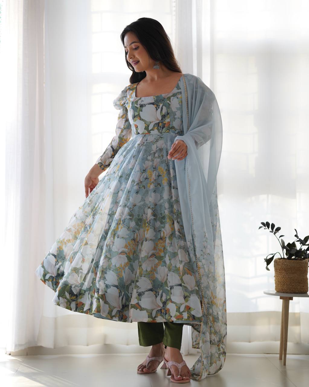 Grey Elegant Floral Organza Silk Anarkali Set with Gota Patti Dupatta ClothsVilla