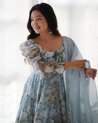 Grey Elegant Floral Organza Silk Anarkali Set with Gota Patti Dupatta ClothsVilla