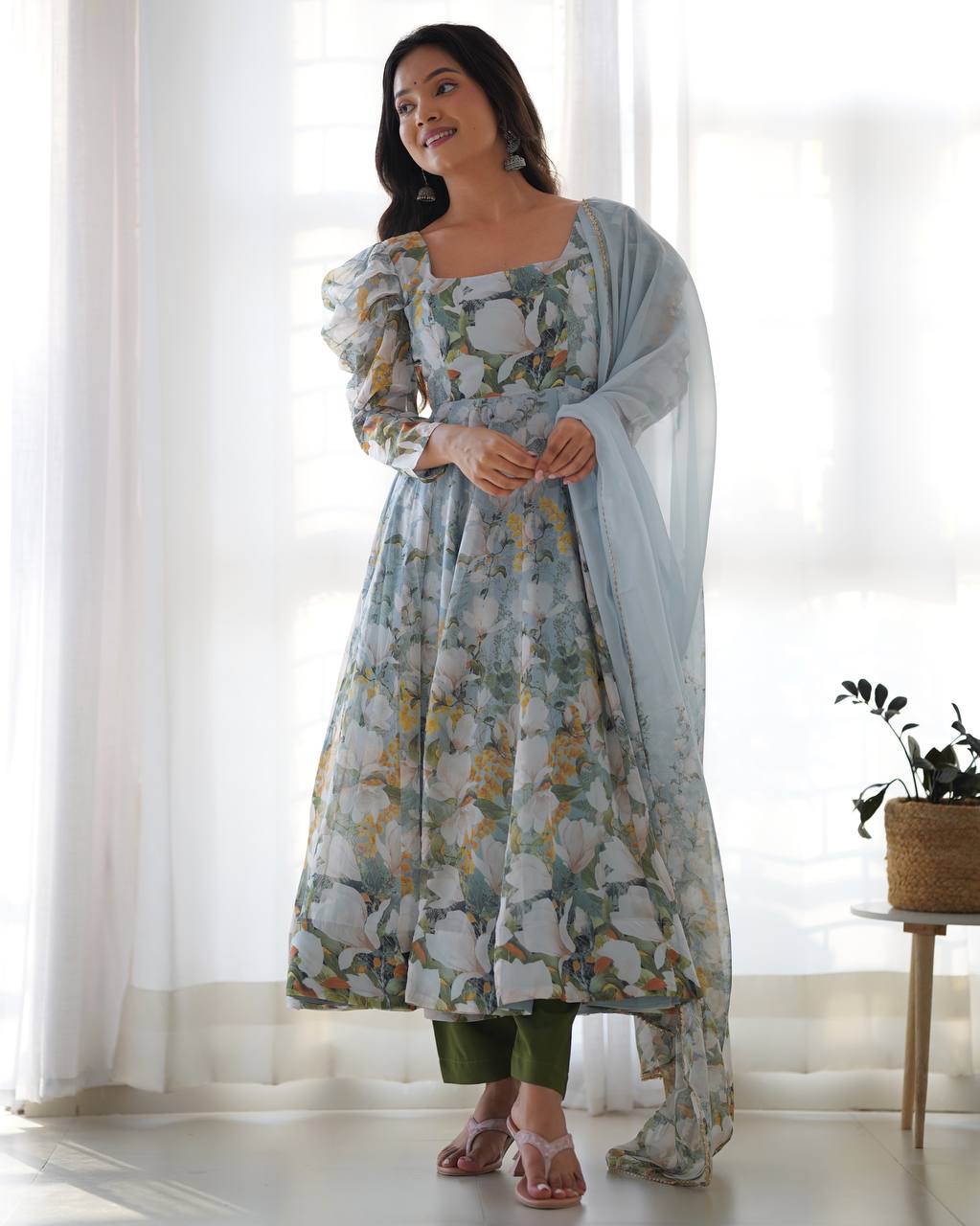 Grey Elegant Floral Organza Silk Anarkali Set with Gota Patti Dupatta ClothsVilla