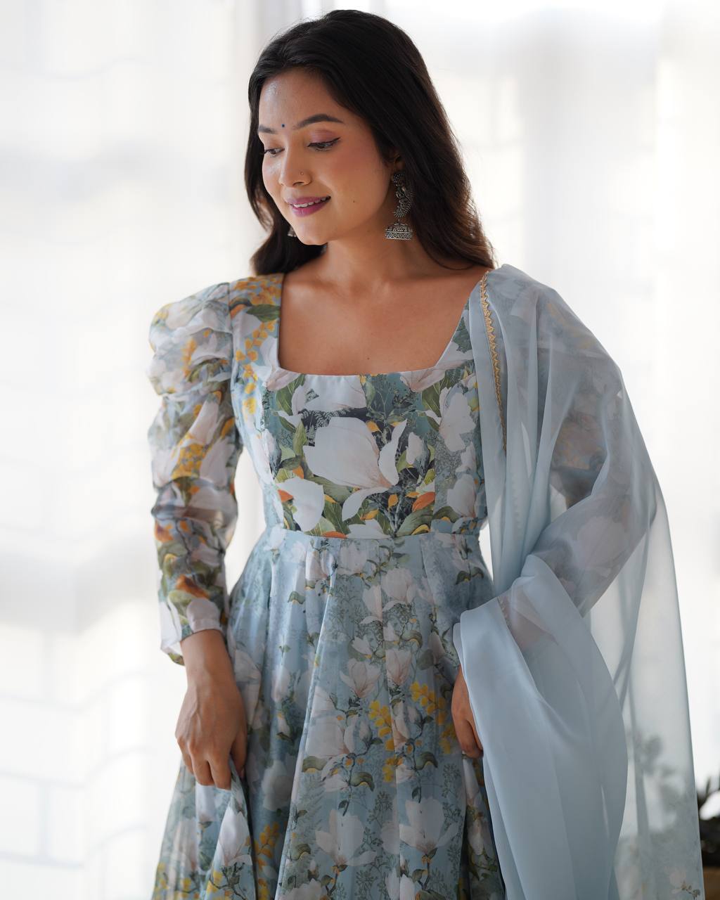 Grey Elegant Floral Organza Silk Anarkali Set with Gota Patti Dupatta ClothsVilla
