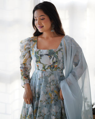 Grey Elegant Floral Organza Silk Anarkali Set with Gota Patti Dupatta ClothsVilla