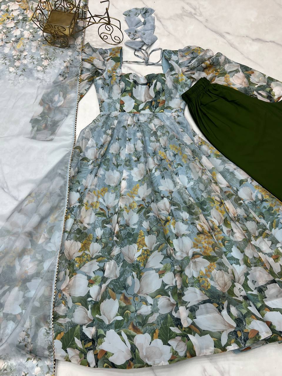 Grey Elegant Floral Organza Silk Anarkali Set with Gota Patti Dupatta ClothsVilla