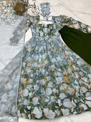 Grey Elegant Floral Organza Silk Anarkali Set with Gota Patti Dupatta ClothsVilla