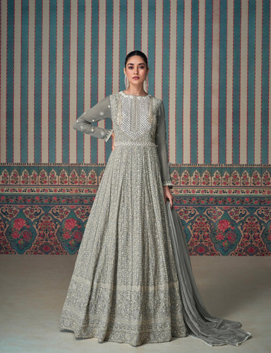 Grey Faux Georgette Gown & Dupatta ClothsVilla