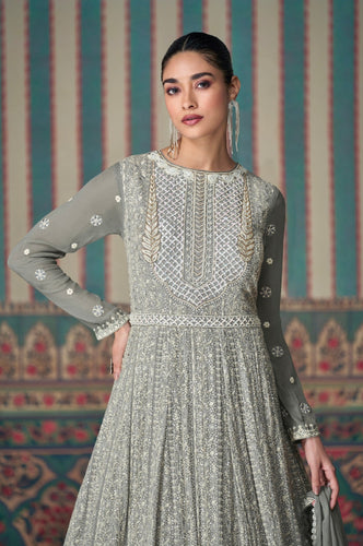 Grey Faux Georgette Gown & Dupatta ClothsVilla