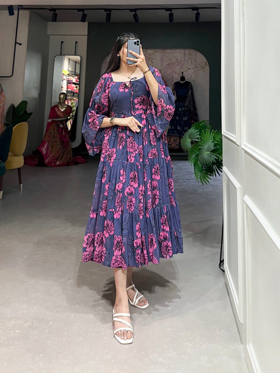 Grey Flowy Georgette Floral Print Frock for Women ClothsVilla