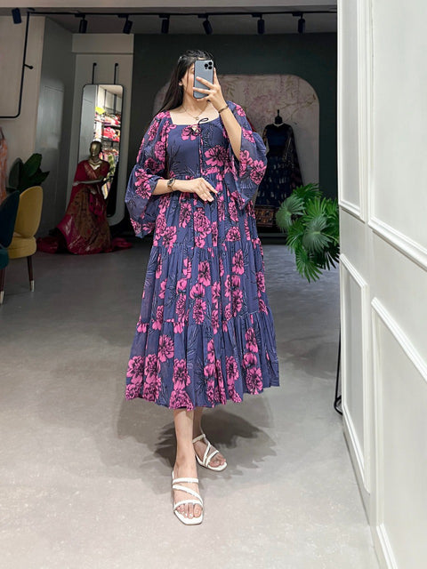 Grey Flowy Georgette Floral Print Frock for Women ClothsVilla Main image